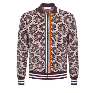 Men’s 70s Floral Knit Zip Jacket – Burgundy & Beige XL